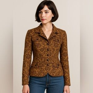 Peruvian Connection Floral Brocade Blazer Jacket Brown & Gold US 8